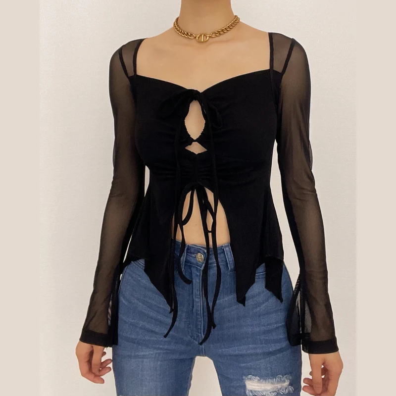 Mesh halter cut out long sleeve self tie crop top-final-sale