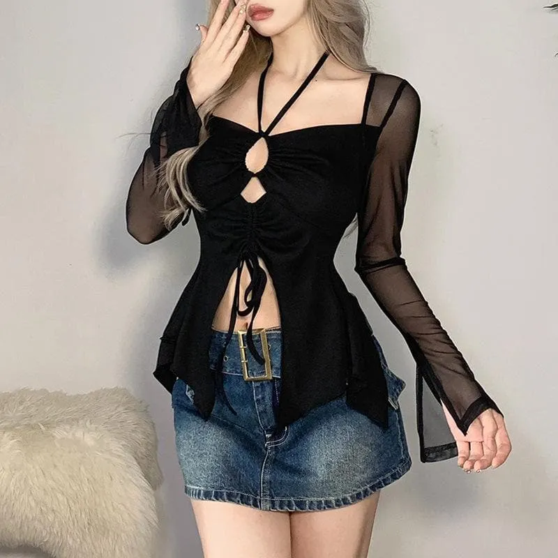 Mesh halter cut out long sleeve self tie crop top-final-sale