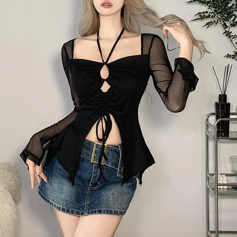 Mesh halter cut out long sleeve self tie crop top-final-sale