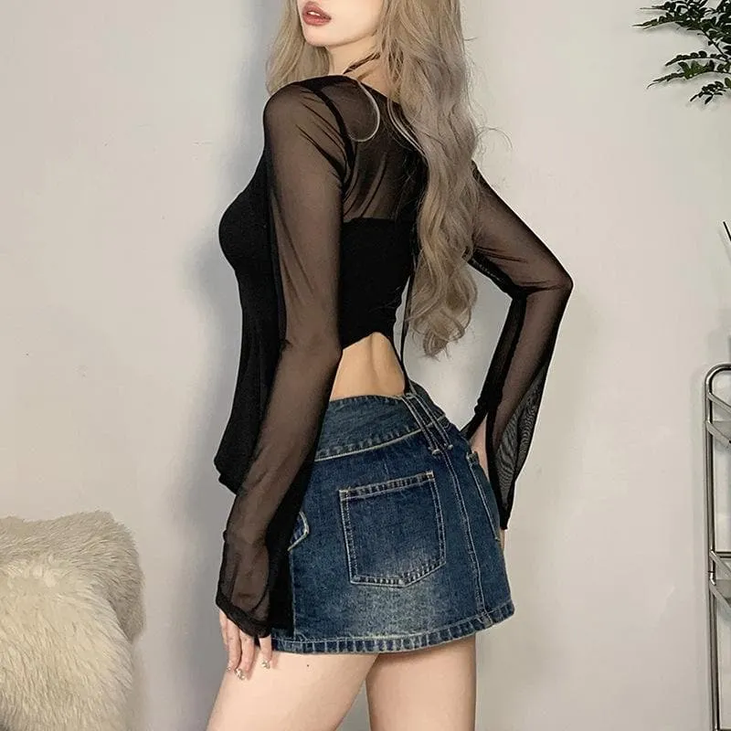 Mesh halter cut out long sleeve self tie crop top-final-sale