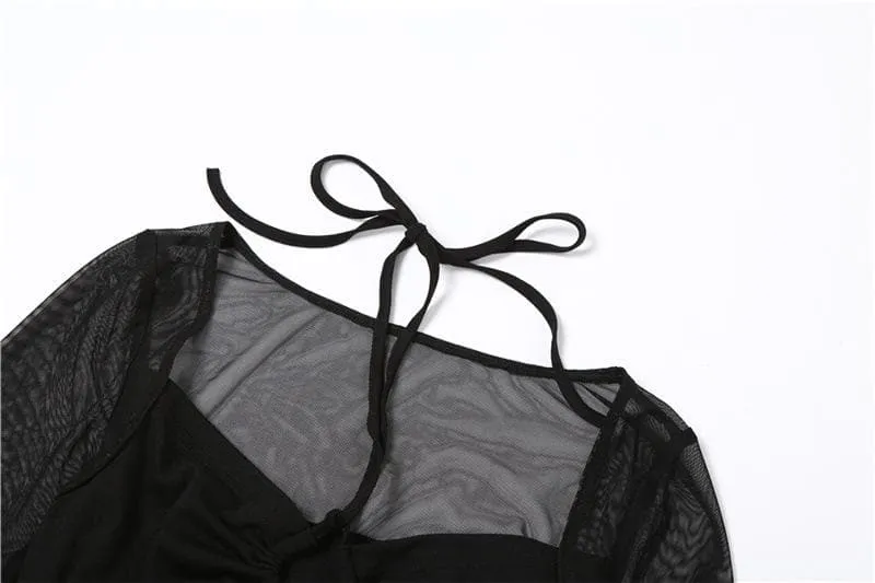 Mesh halter cut out long sleeve self tie crop top-final-sale