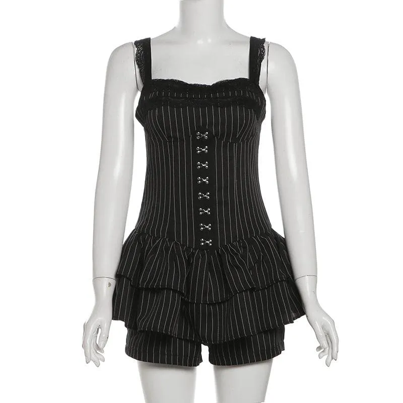 Lace hem striped button ruched cami romper-final-sale