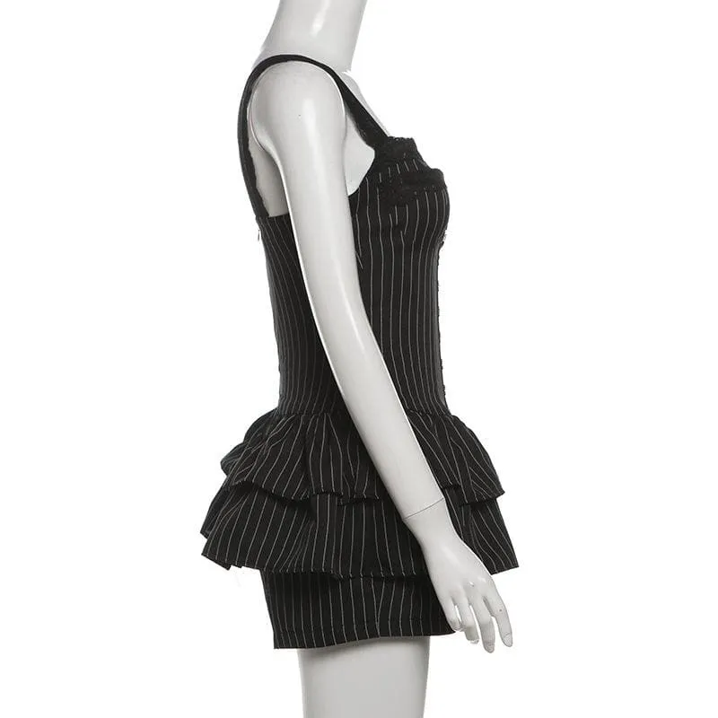 Lace hem striped button ruched cami romper-final-sale