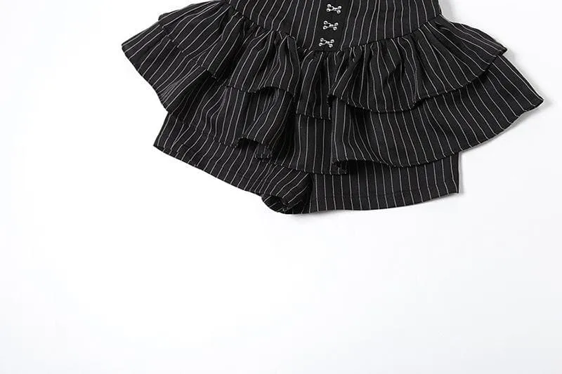 Lace hem striped button ruched cami romper-final-sale