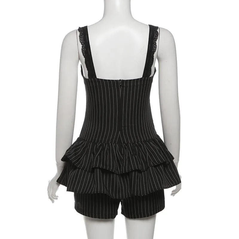 Lace hem striped button ruched cami romper-final-sale