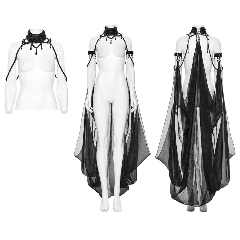 Gothic-Umhang mit Perlenbesatz für Damen, abnehmbar, Schwarz