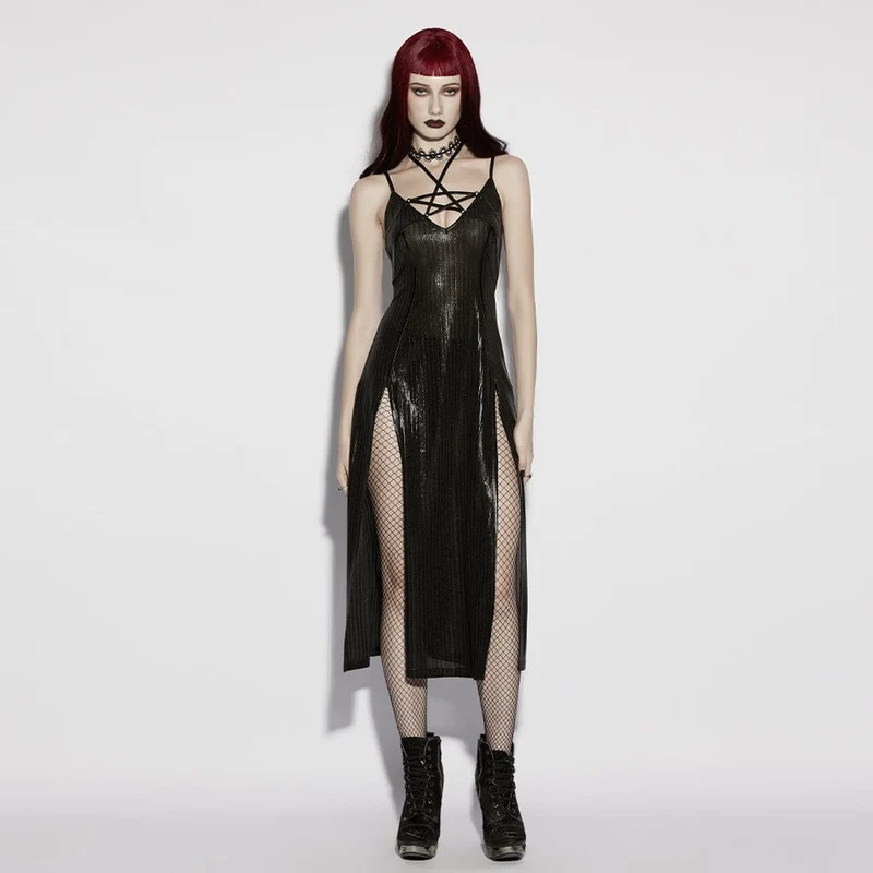 Schwarzes Punk-Slipkleid mit Pentagramm und Seitenschlitz für Damen