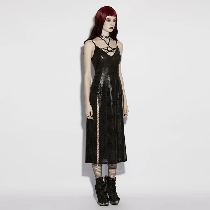 Schwarzes Punk-Slipkleid mit Pentagramm und Seitenschlitz für Damen