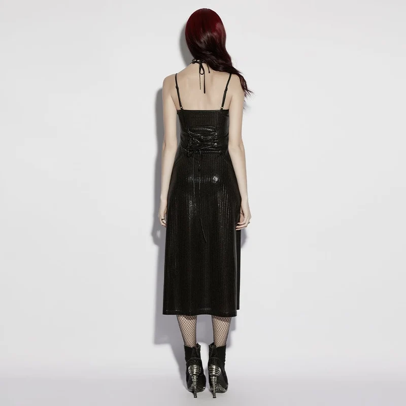 Schwarzes Punk-Slipkleid mit Pentagramm und Seitenschlitz für Damen