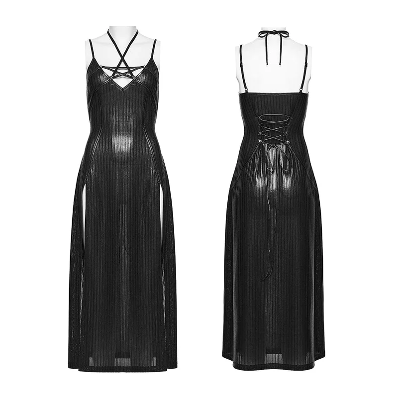 Schwarzes Punk-Slipkleid mit Pentagramm und Seitenschlitz für Damen