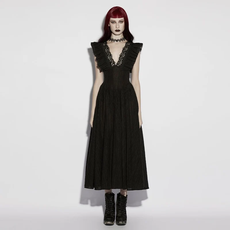 Gothic-Maxikleid für Damen mit Rosenmuster, tiefem Ausschnitt, Rüschen und ärmellosem Design, Abschlusskleid