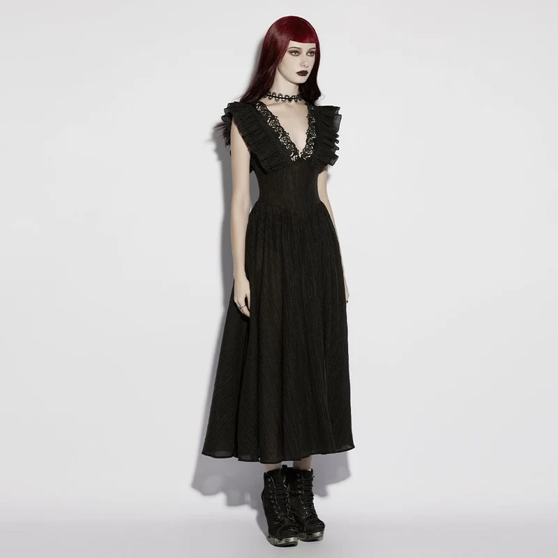 Gothic-Maxikleid für Damen mit Rosenmuster, tiefem Ausschnitt, Rüschen und ärmellosem Design, Abschlusskleid