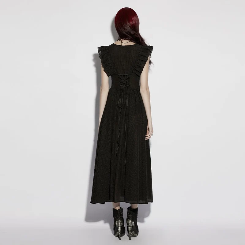 Gothic-Maxikleid für Damen mit Rosenmuster, tiefem Ausschnitt, Rüschen und ärmellosem Design, Abschlusskleid