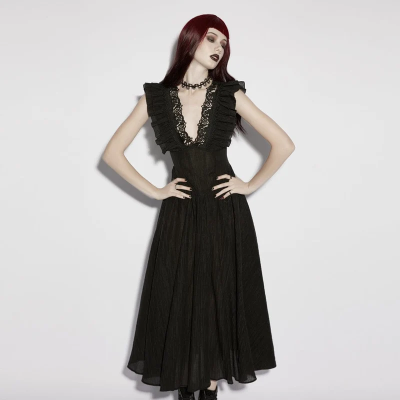 Gothic-Maxikleid für Damen mit Rosenmuster, tiefem Ausschnitt, Rüschen und ärmellosem Design, Abschlusskleid