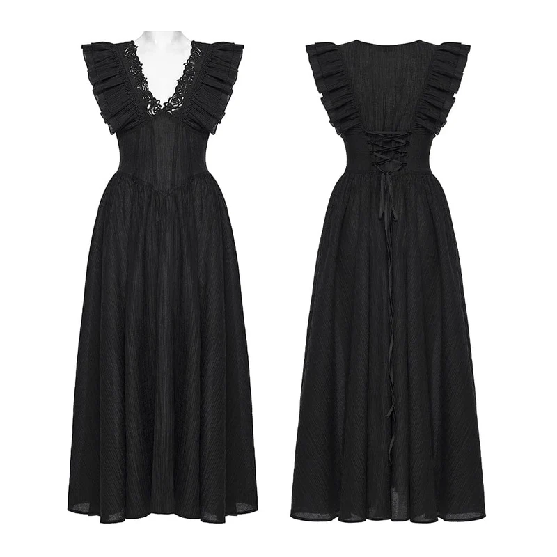 Gothic-Maxikleid für Damen mit Rosenmuster, tiefem Ausschnitt, Rüschen und ärmellosem Design, Abschlusskleid