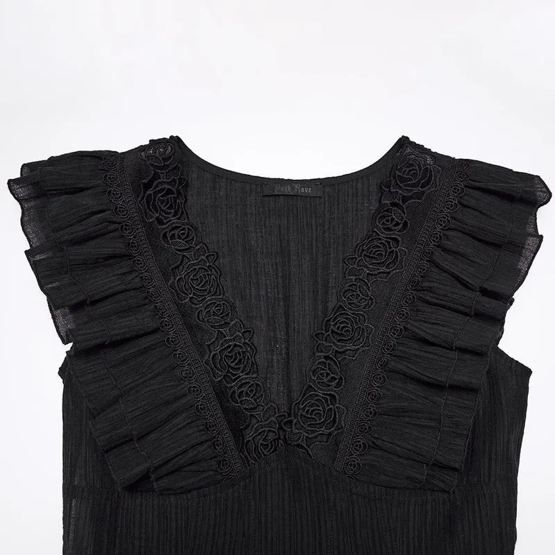Gothic-Maxikleid für Damen mit Rosenmuster, tiefem Ausschnitt, Rüschen und ärmellosem Design, Abschlusskleid