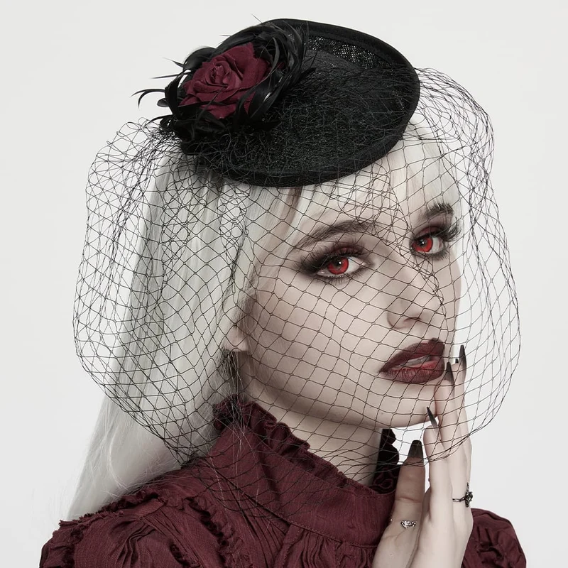 Gothic-Fascinator-Hut für Damen mit Federrosen-Vogelkäfig-Design, schwarz-rot