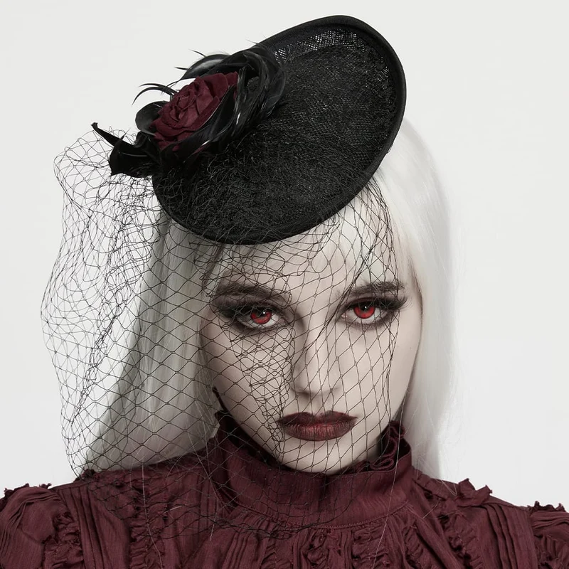 Gothic-Fascinator-Hut für Damen mit Federrosen-Vogelkäfig-Design, schwarz-rot
