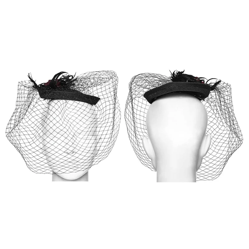 Gothic-Fascinator-Hut für Damen mit Federrosen-Vogelkäfig-Design, schwarz-rot