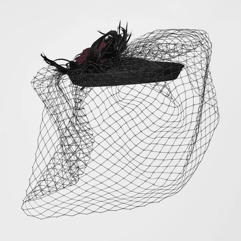 Gothic-Fascinator-Hut für Damen mit Federrosen-Vogelkäfig-Design, schwarz-rot