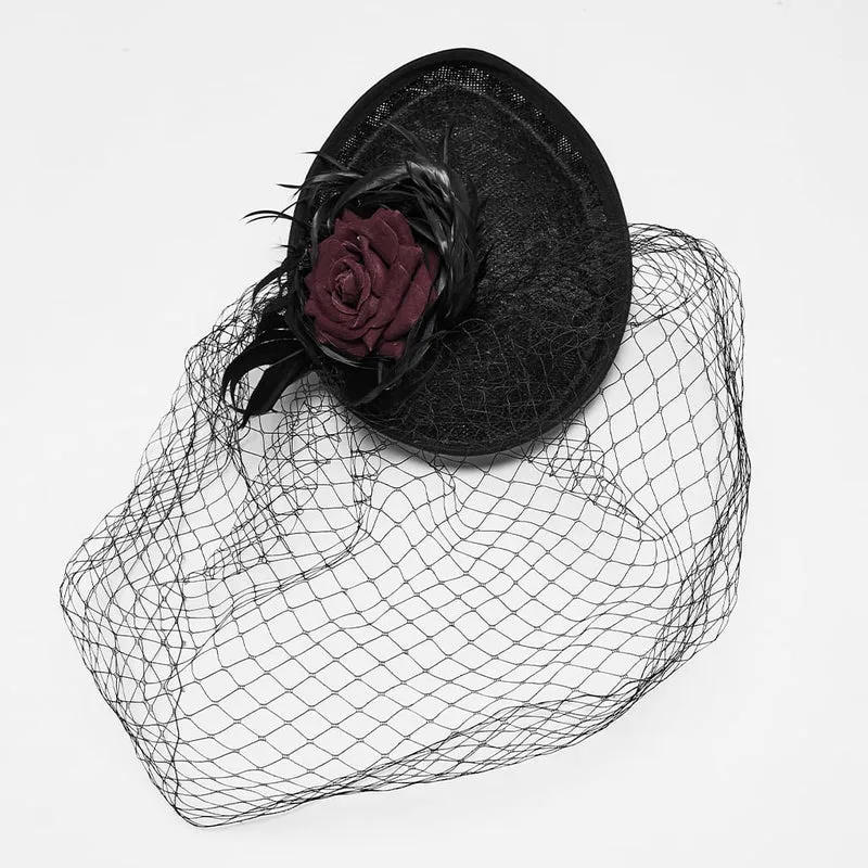 Gothic-Fascinator-Hut für Damen mit Federrosen-Vogelkäfig-Design, schwarz-rot