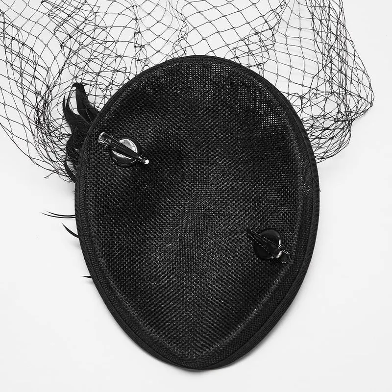 Gothic-Fascinator-Hut für Damen mit Federrosen-Vogelkäfig-Design, schwarz-rot