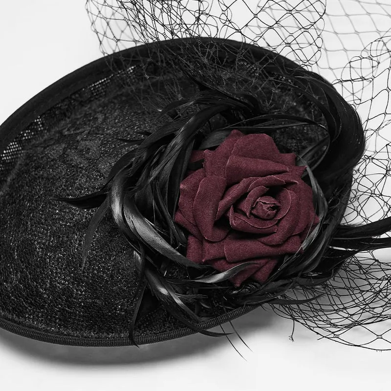 Gothic-Fascinator-Hut für Damen mit Federrosen-Vogelkäfig-Design, schwarz-rot