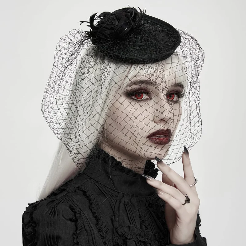 Schwarzer Gothic-Fascinator-Hut mit Federrosen, Vogelkäfig-Design und Schleier für Damen