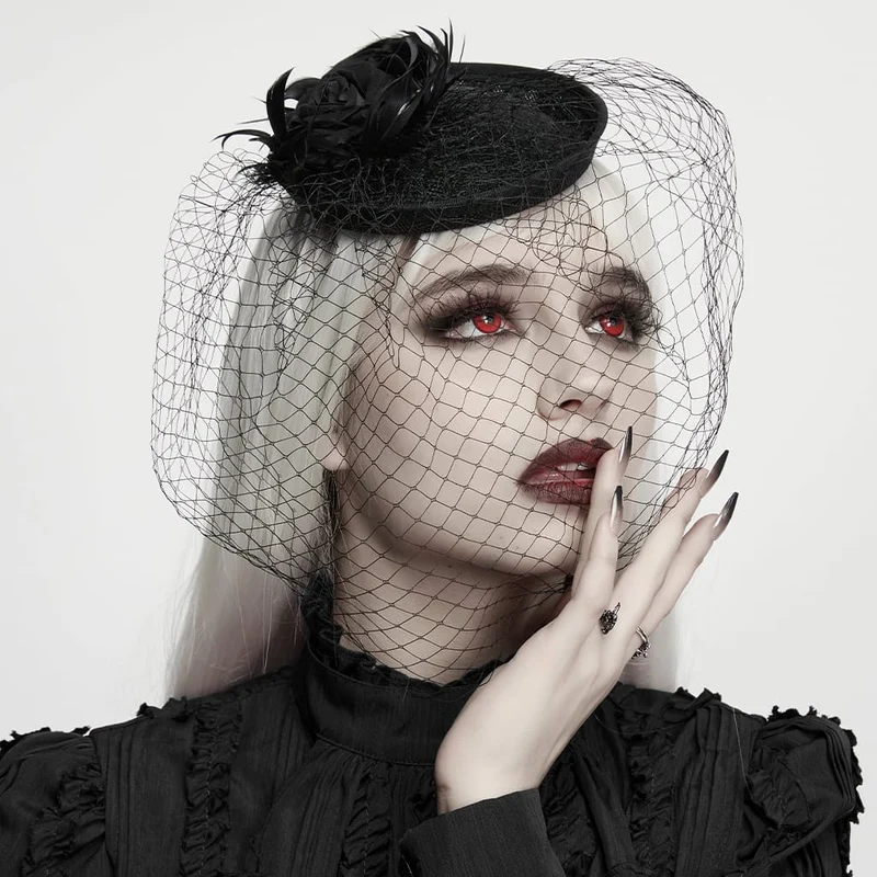 Schwarzer Gothic-Fascinator-Hut mit Federrosen, Vogelkäfig-Design und Schleier für Damen