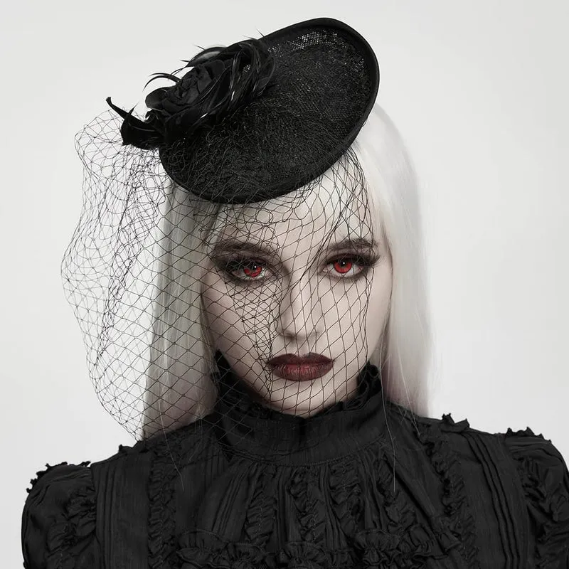 Schwarzer Gothic-Fascinator-Hut mit Federrosen, Vogelkäfig-Design und Schleier für Damen