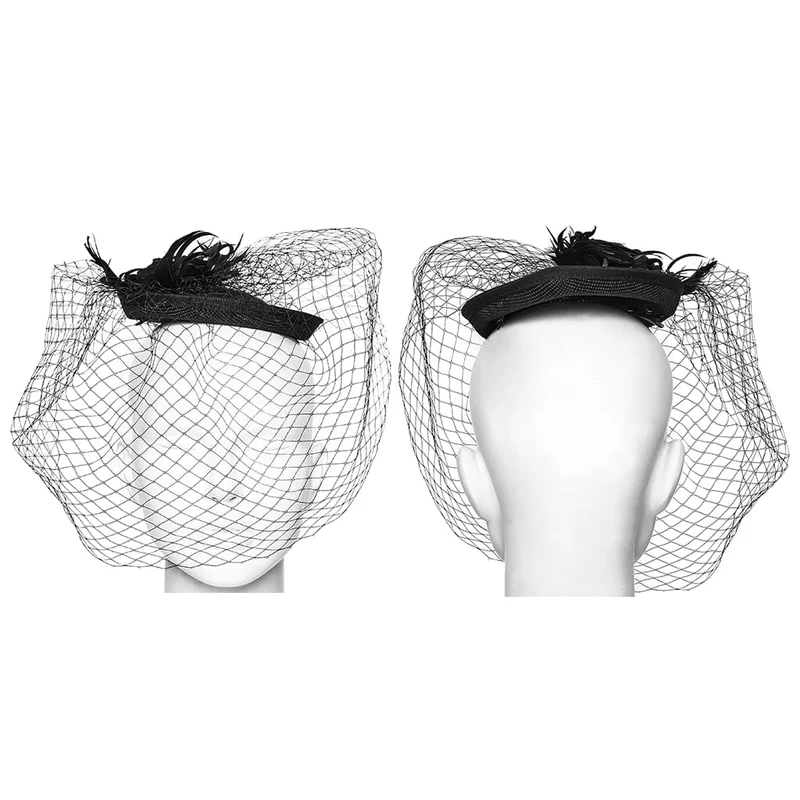 Schwarzer Gothic-Fascinator-Hut mit Federrosen, Vogelkäfig-Design und Schleier für Damen