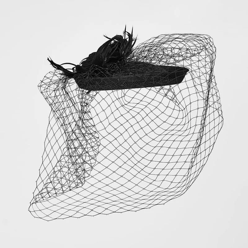 Schwarzer Gothic-Fascinator-Hut mit Federrosen, Vogelkäfig-Design und Schleier für Damen