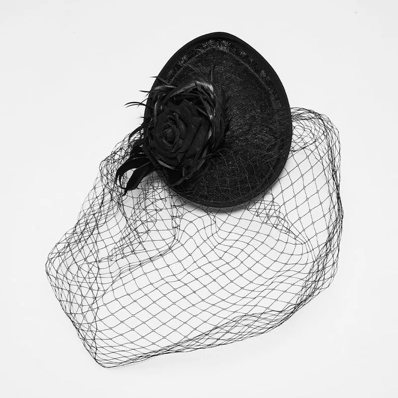 Schwarzer Gothic-Fascinator-Hut mit Federrosen, Vogelkäfig-Design und Schleier für Damen
