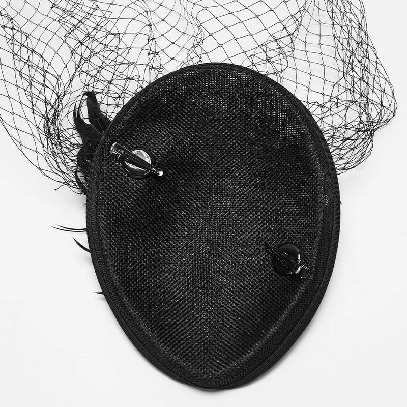 Schwarzer Gothic-Fascinator-Hut mit Federrosen, Vogelkäfig-Design und Schleier für Damen
