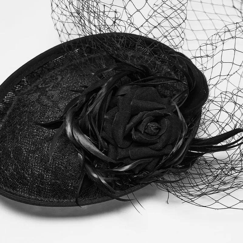 Schwarzer Gothic-Fascinator-Hut mit Federrosen, Vogelkäfig-Design und Schleier für Damen