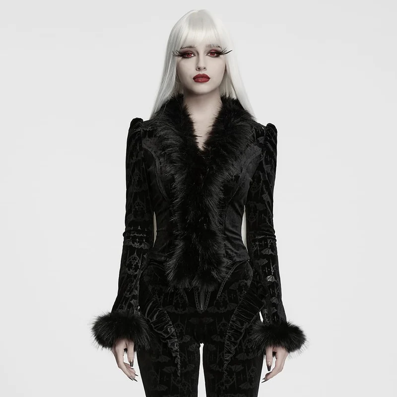 Gothic-Damen-Fledermaus-Jacquard-Oberteil mit Kunstpelzbesatz und langen Ärmeln