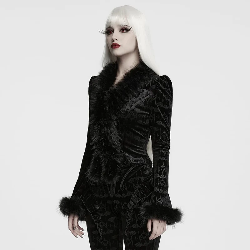 Gothic-Damen-Fledermaus-Jacquard-Oberteil mit Kunstpelzbesatz und langen Ärmeln