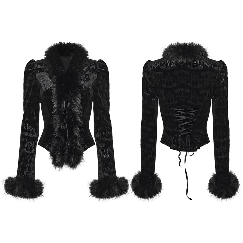 Gothic-Damen-Fledermaus-Jacquard-Oberteil mit Kunstpelzbesatz und langen Ärmeln