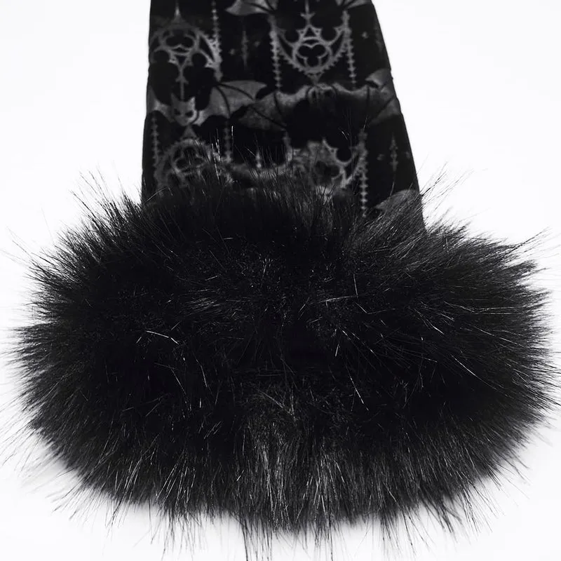 Gothic-Damen-Fledermaus-Jacquard-Oberteil mit Kunstpelzbesatz und langen Ärmeln