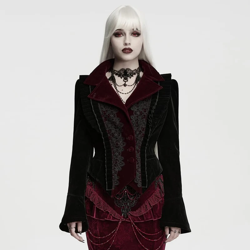Gothic-Damenmantel aus Samt, asymmetrisch, mit Schnürrevers, schwarz-rot