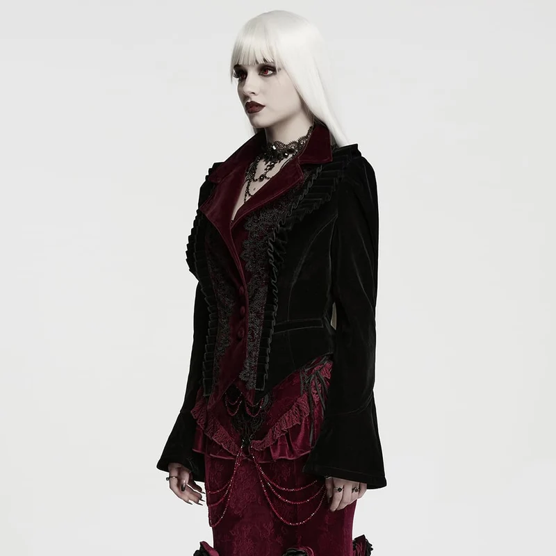Gothic-Damenmantel aus Samt, asymmetrisch, mit Schnürrevers, schwarz-rot