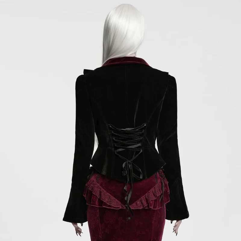 Gothic-Damenmantel aus Samt, asymmetrisch, mit Schnürrevers, schwarz-rot