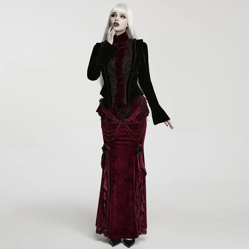 Gothic-Damenmantel aus Samt, asymmetrisch, mit Schnürrevers, schwarz-rot