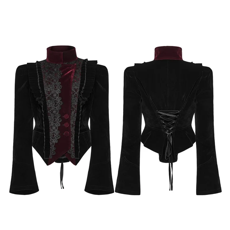Gothic-Damenmantel aus Samt, asymmetrisch, mit Schnürrevers, schwarz-rot