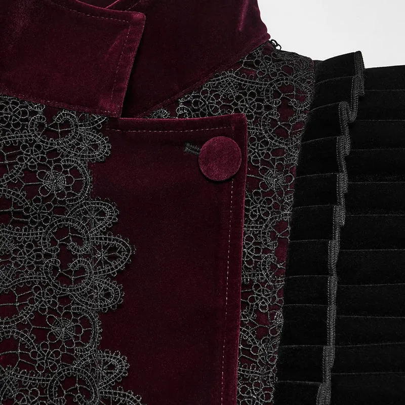 Gothic-Damenmantel aus Samt, asymmetrisch, mit Schnürrevers, schwarz-rot
