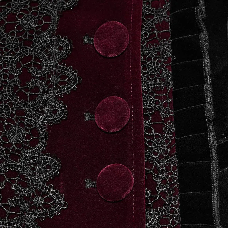 Gothic-Damenmantel aus Samt, asymmetrisch, mit Schnürrevers, schwarz-rot