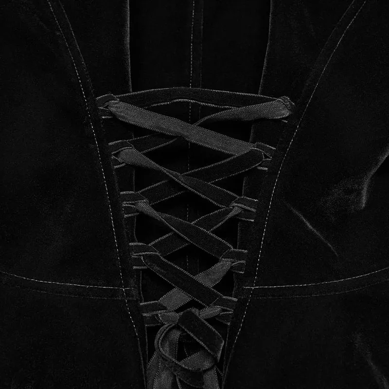 Gothic-Damenmantel aus Samt, asymmetrisch, mit Schnürrevers, schwarz-rot