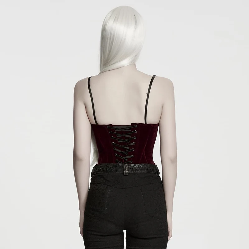 Rotes Gothic-Korsett für Damen mit unregelmäßigen Applikationen und Schnürung über der Brust