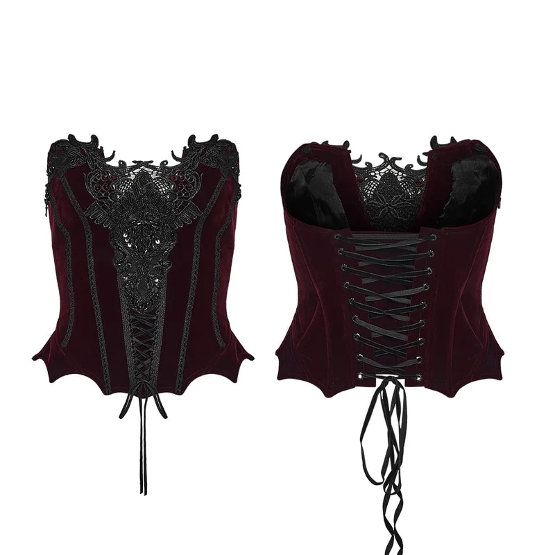 Rotes Gothic-Korsett für Damen mit unregelmäßigen Applikationen und Schnürung über der Brust