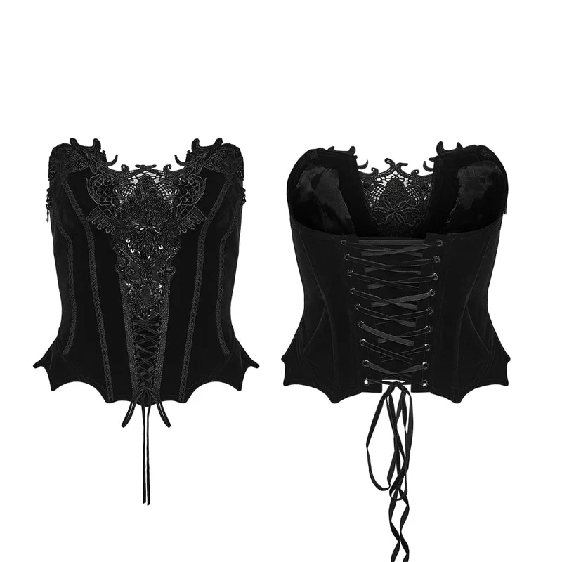 Schwarzes Gothic-Korsett für Damen mit unregelmäßigen Applikationen und Schnürung über der Brust